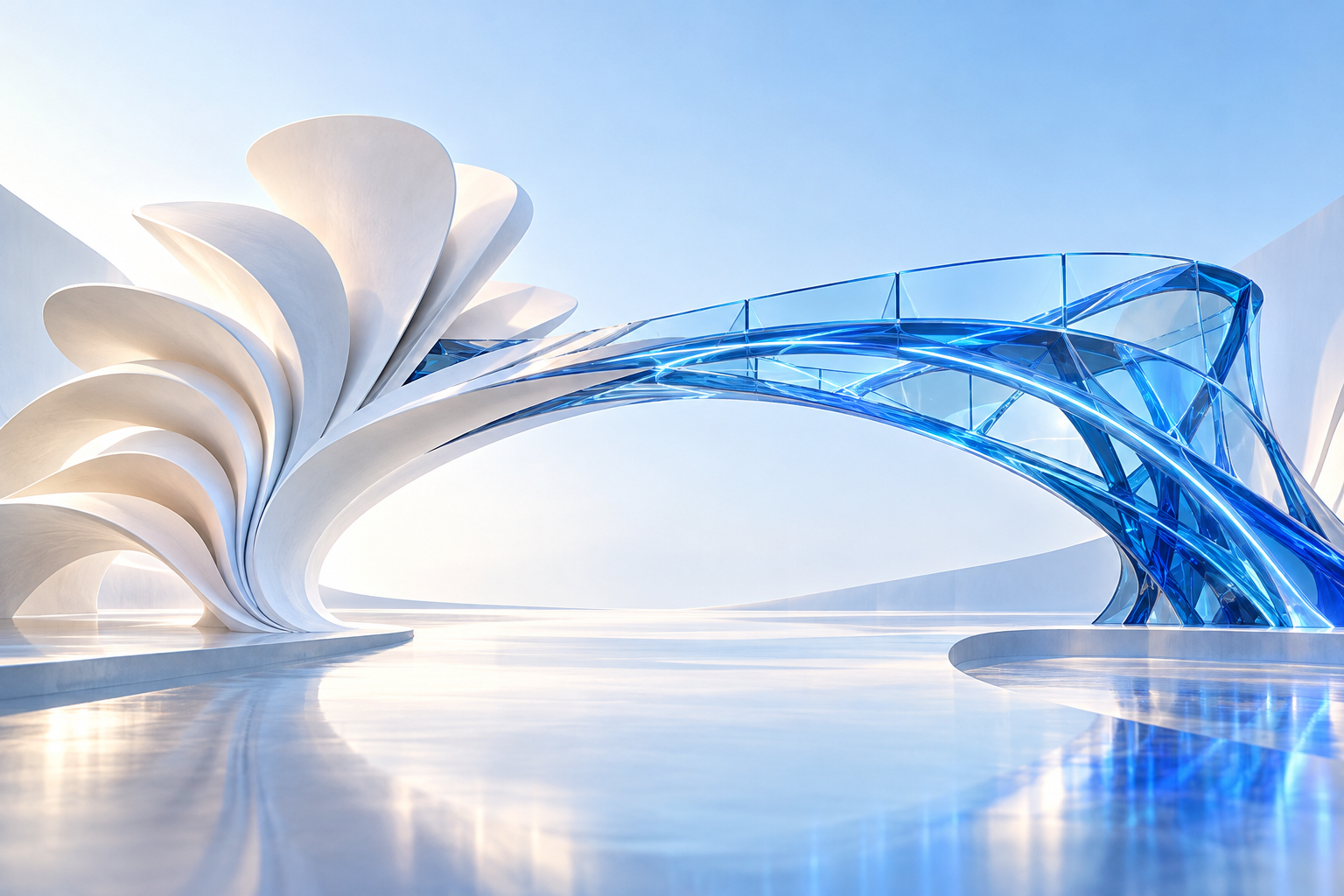Organic white forms and a precise blue glass structure joining into one bridge, a concept of human creativity and technical intelligence working together