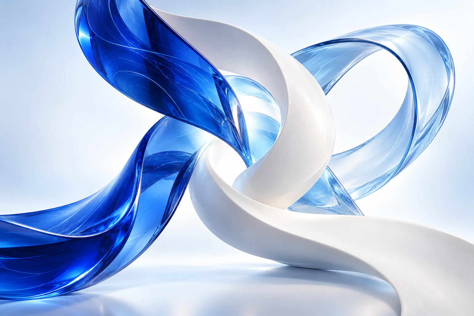 Interwoven blue glass and white sculptural ribbons representing people, ideas and technology working with a shared purpose