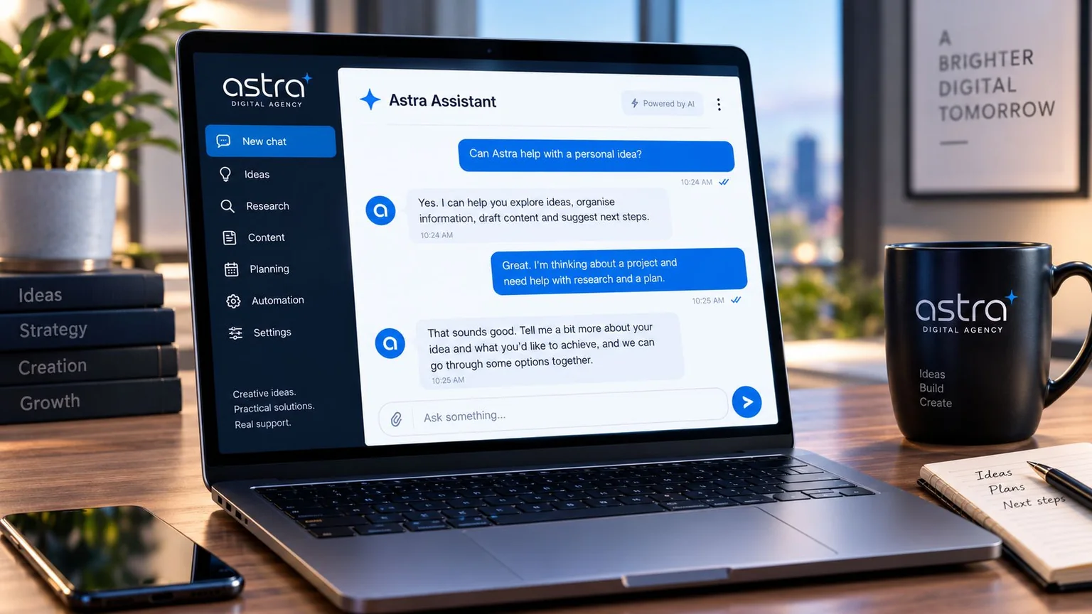 Illustrative Astra Assistant interface shown on a laptop in a professional workspace
