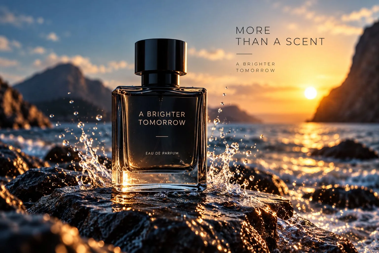 Illustrative cinematic perfume advertisement beside the ocean at sunset