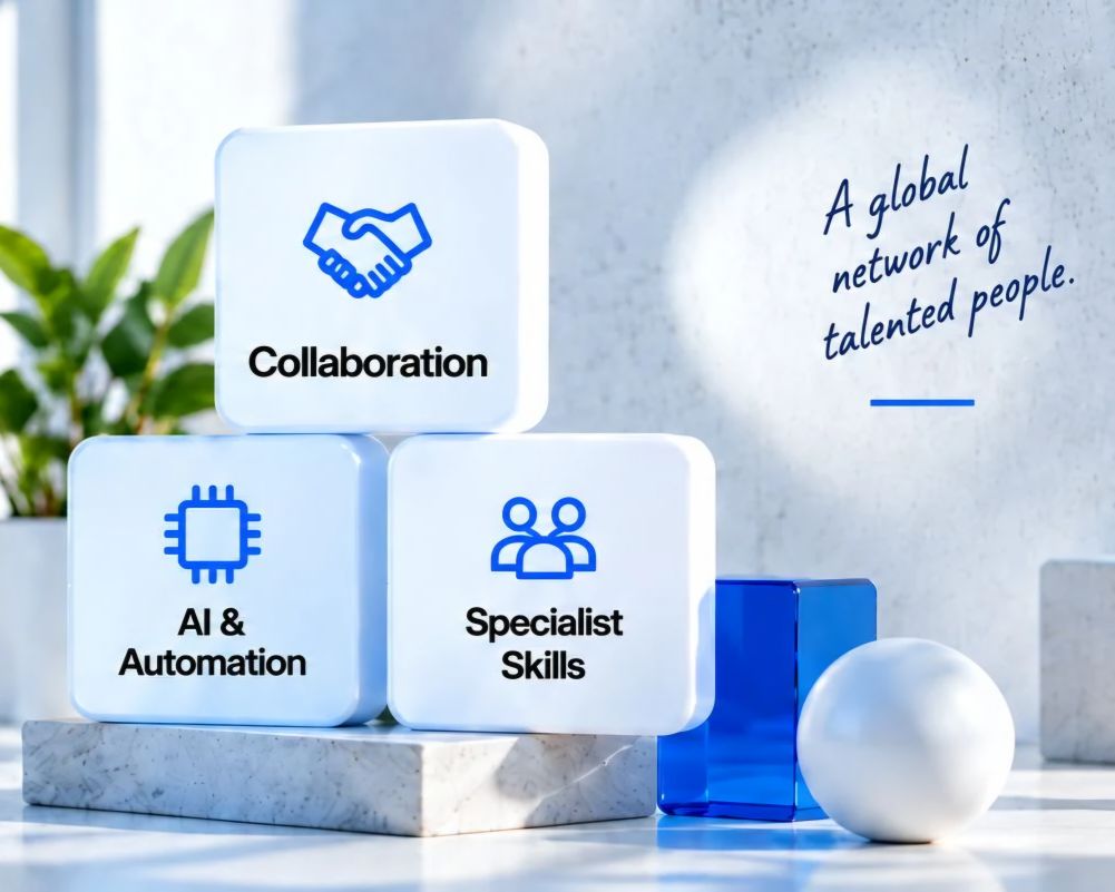 Collaboration, AI and automation, and specialist skills blocks representing Astra Digital Agency's network of talented people