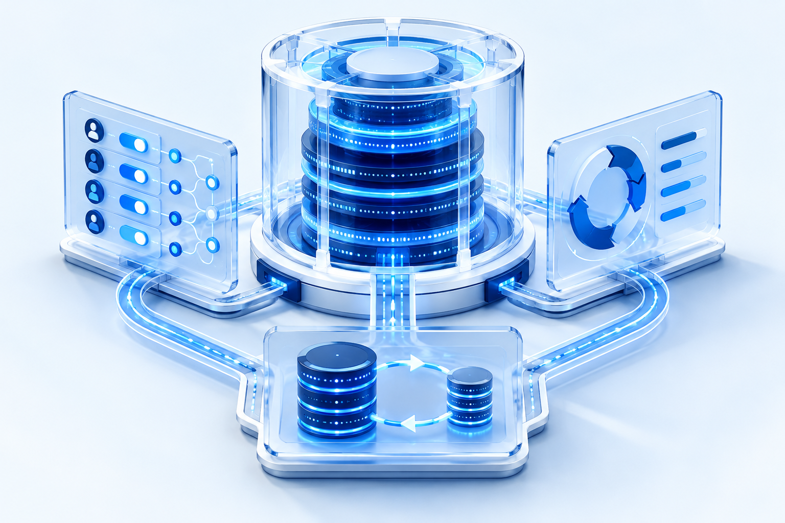 Conceptual illustration of a data system with access controls, update cycles and backup recovery connections