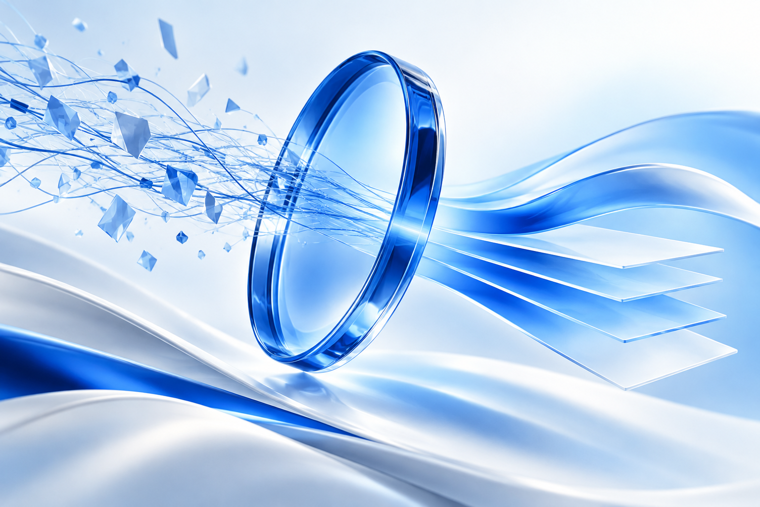 Conceptual blue glass lens transforming scattered light into an ordered flow, representing clarity and understanding