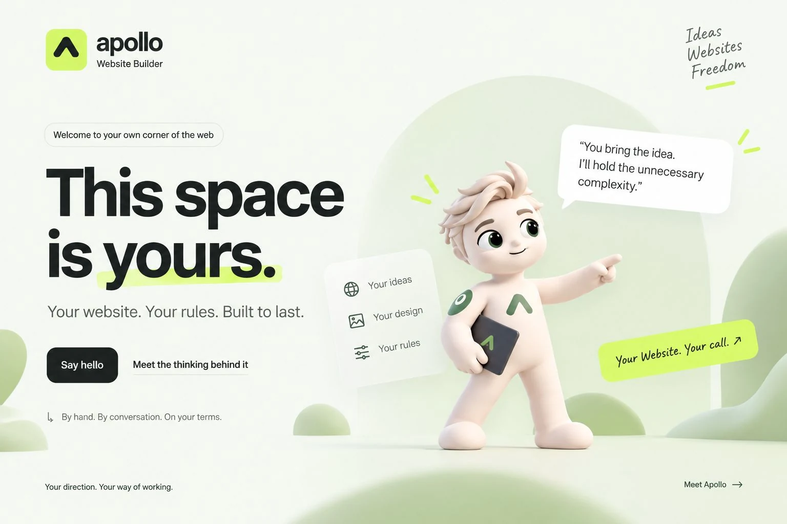 Apollo Website Builder promotional image with the Apollo mascot and the headline This space is yours