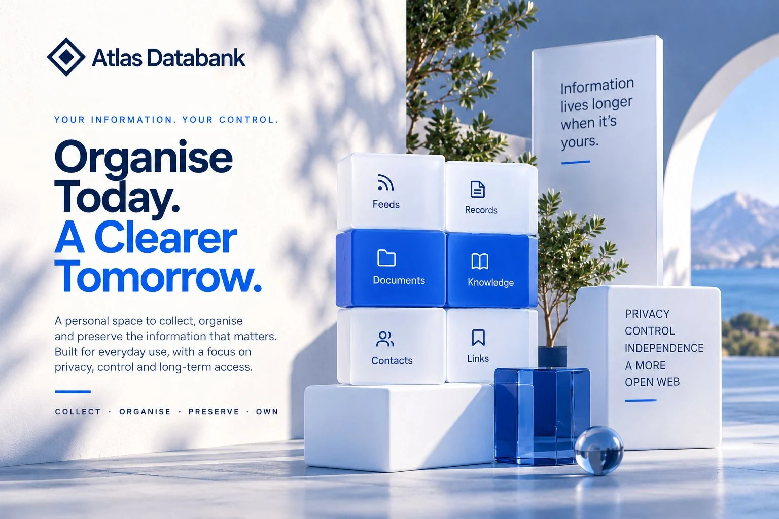Atlas Databank promotional image with the headline Organise Today A Clearer Tomorrow and information tiles
