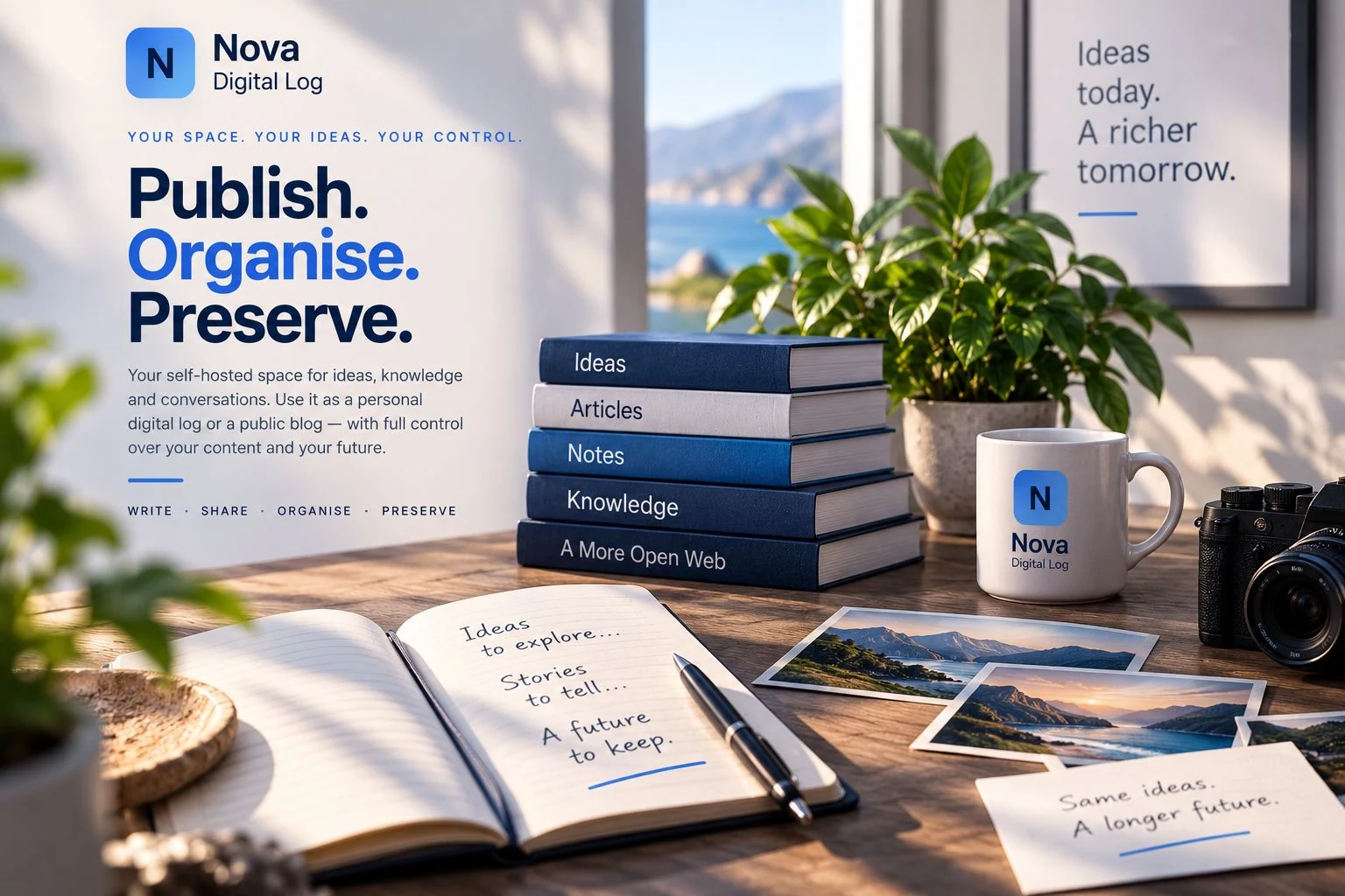 Nova Digital Log promotional image with the headline Publish Organise Preserve and a creative publishing workspace