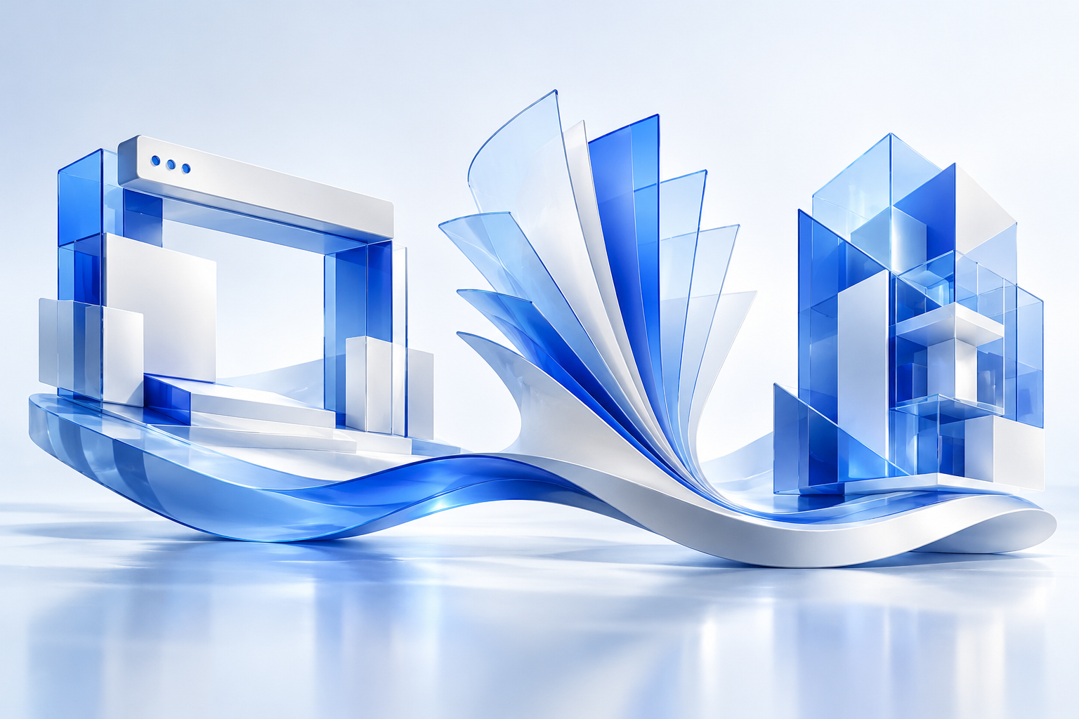 Abstract blue digital sculptures representing website creation, independent publishing and information organisation