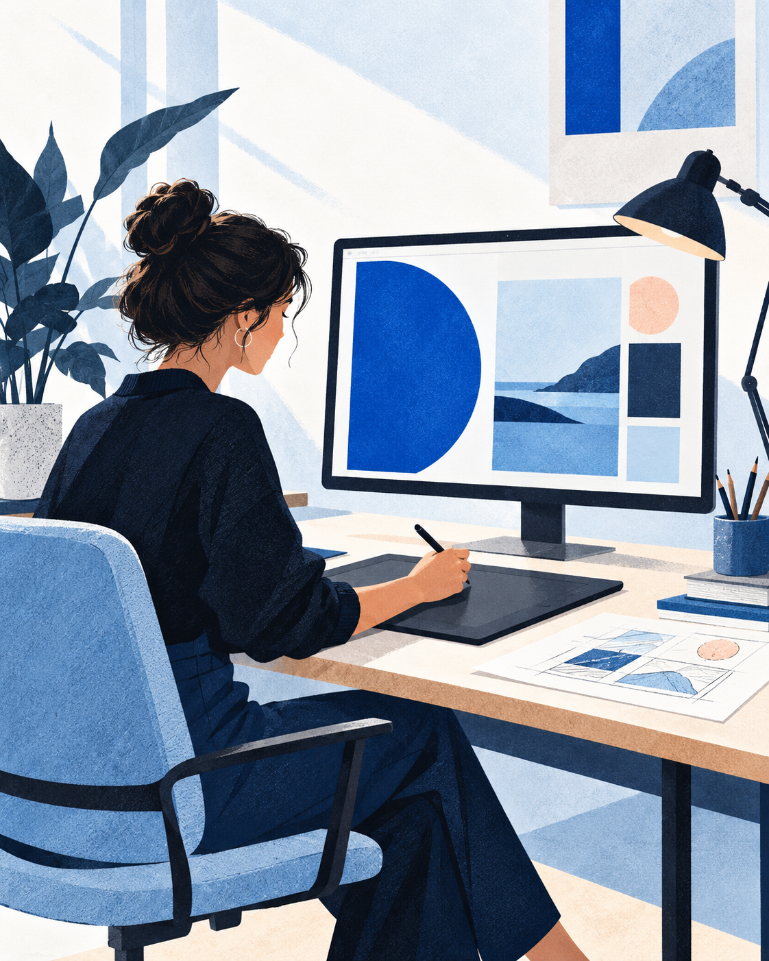 Original editorial illustration of a designer creating digital artwork with a pen tablet