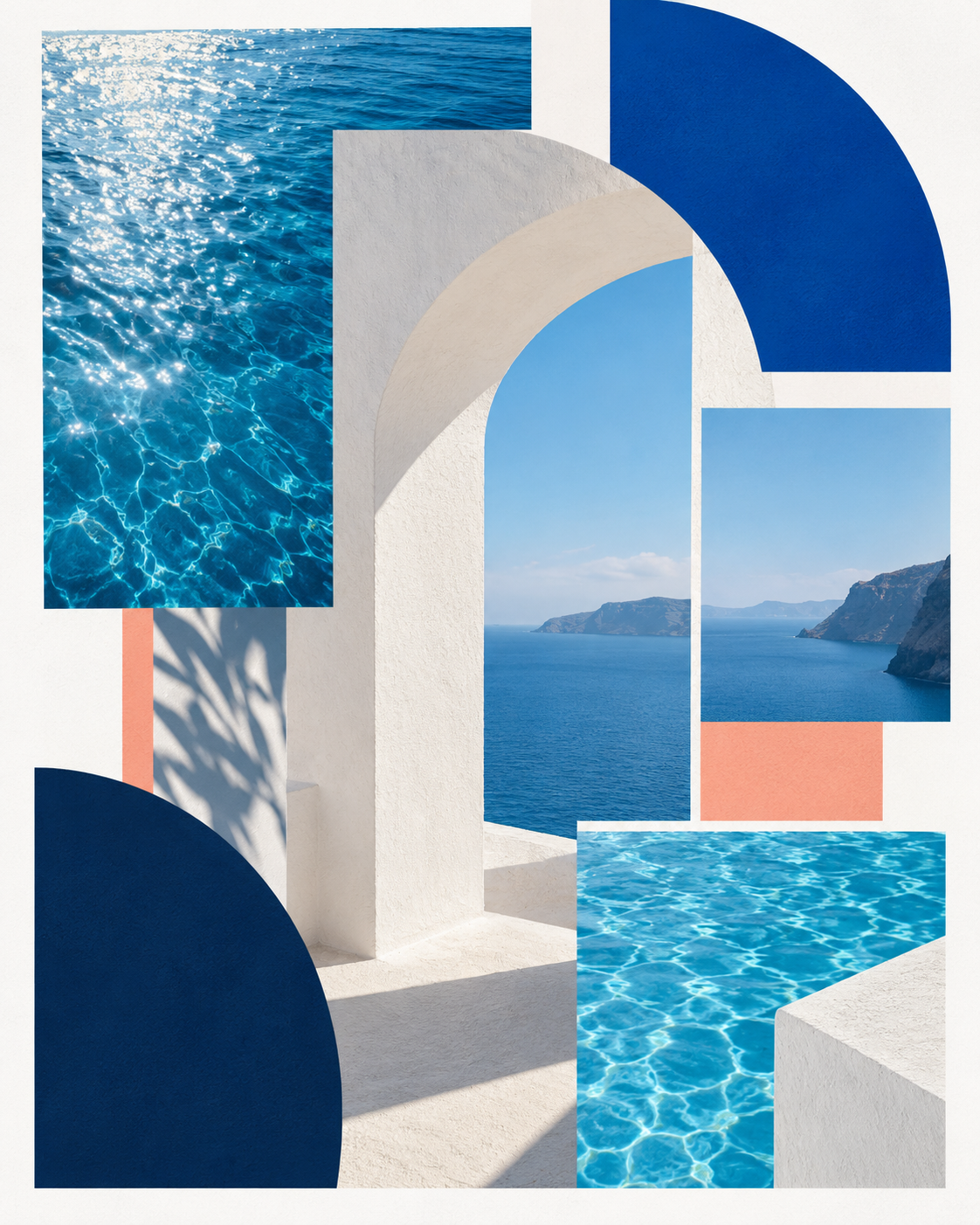 Original campaign composite combining architectural photography, blue water and graphic shapes