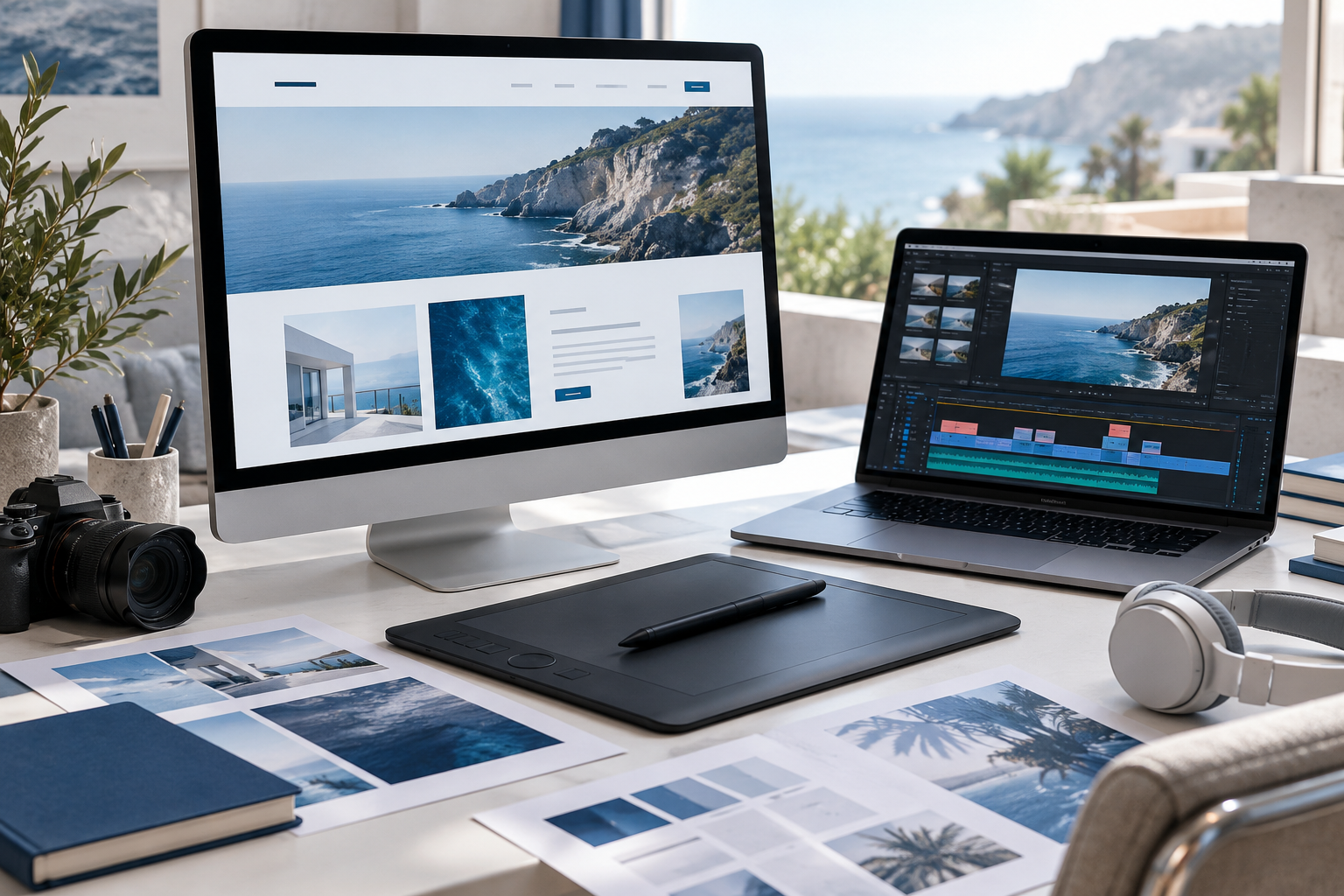 Creative workspace with website design, video editing, a pen tablet and audio equipment
