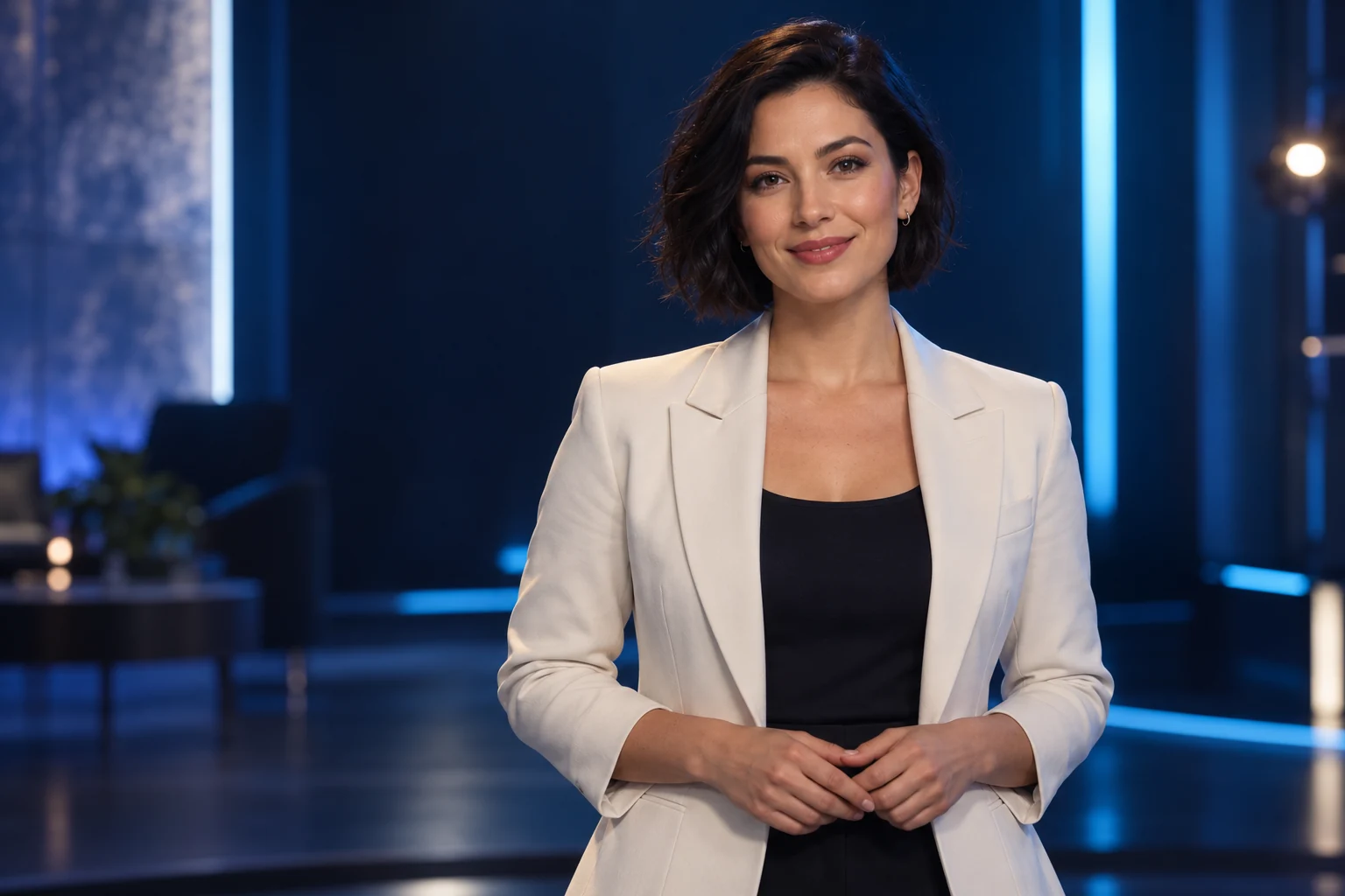 Fictional digital presenter in a blue studio
